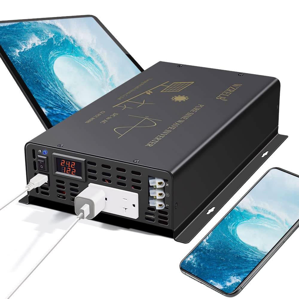 WZRELB Inversor de Corriente de Onda sinusoidal Pura de 5000 W, 24 V CC a 120 V CA, 10 kW, Pico de Salida de CA Dual, 2 Puertos USB de 2.4 A y Terminal de Cable Duro, convertidor Solar Fuera de la
