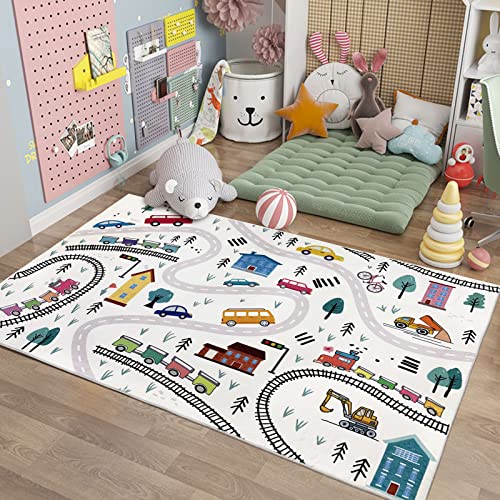Lacomfy Kids Carpet Play Mat 4x6Ft Cute Car Rug for Boys Girls Town Throw Rug for Playroom Road Map Educational Area Rug for Kids Bedroom Classroom, Indoor Outdoor Decor, White
