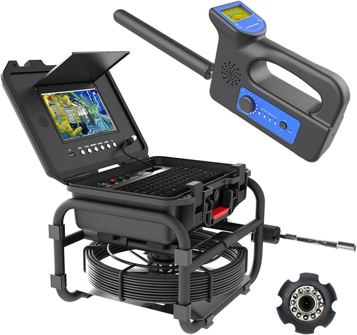 Drain Inspection Camera Sewer Pipe Inspection Video Camera 9" Monitor 5mm/7mm Cable with 512HZ Locator Video+Audio Recording 5X Image +Meter Counter