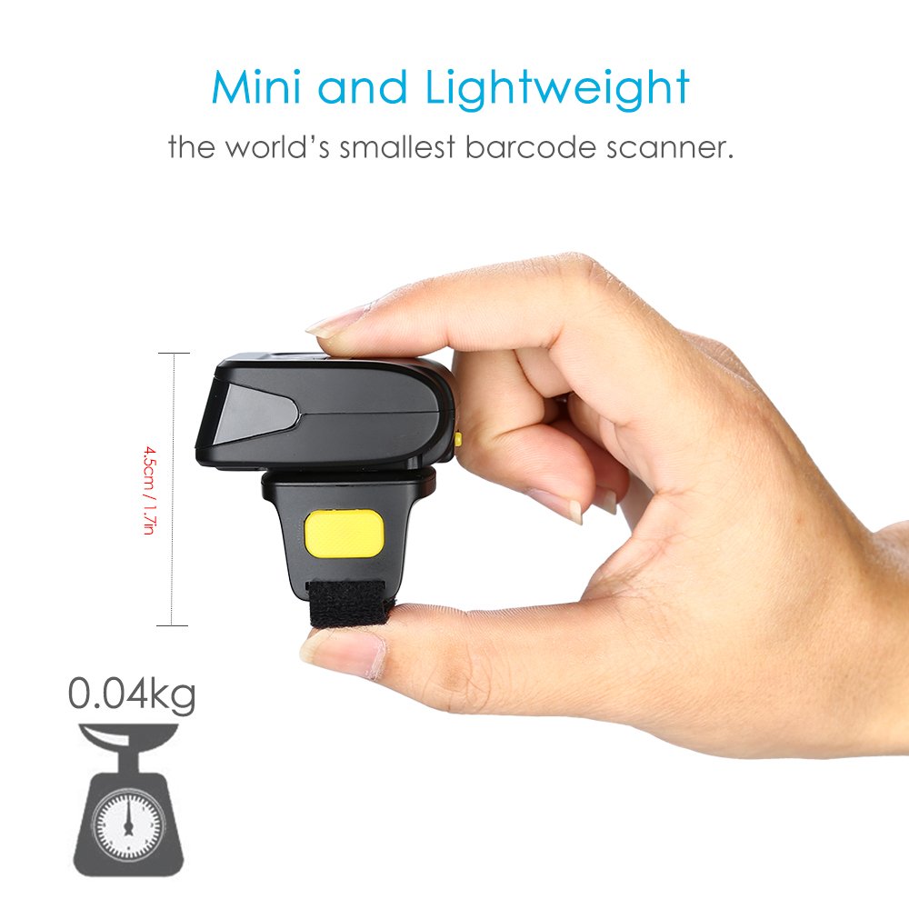 Mini lettore di codici a barre 1D/2D e codici QR, con supporto ad anello indossabile, wireless, compatibile con Windows, Mac OS, Android 4.0+, iOS, per codici QR, PDF417, DataMatrix a video e cartacei
