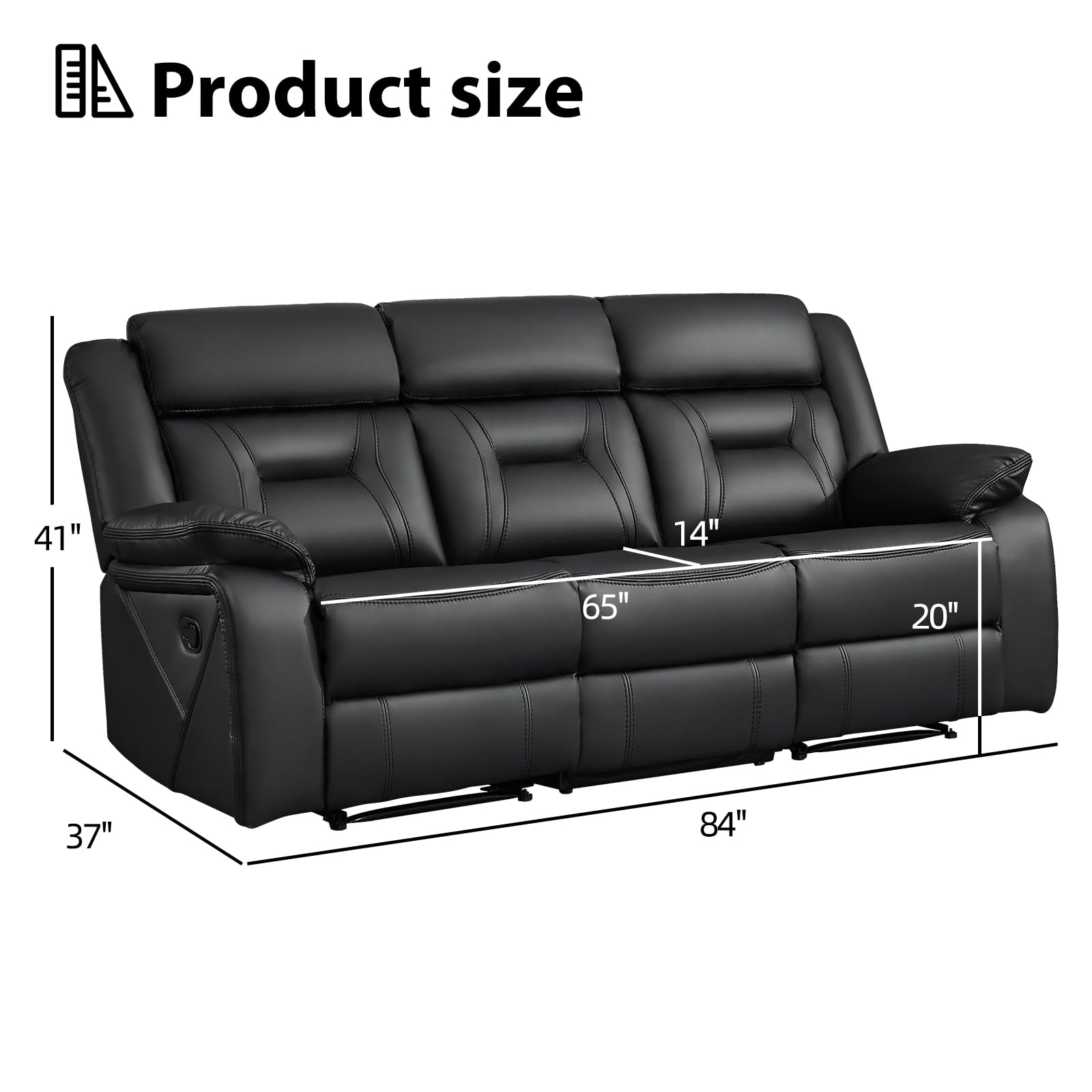 EBELLO Faux Leather Manual Reclining Sofa, 3 Seat Recliner Sofa Chair, Couch Furniture for Living Room, Furniture, Meeting Room, Black (3 Seat Sofa) view 2
