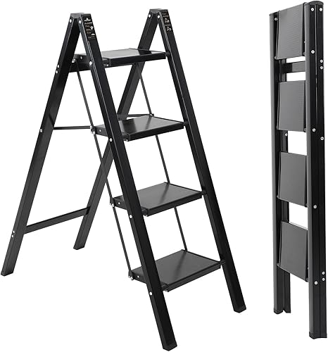 Escalera de 4 escalones plegable de 4 escalones con pedal antideslizante ancho, escaleras de aluminio resistente de 330 libras para cocina,