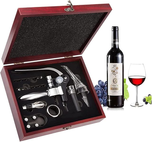 Wine Opener Set, Smaier Stainless Steel Wine Corkscrew Accessories Aerator Wine Opener Kit Bottle Opener Gift Set with Wood Case