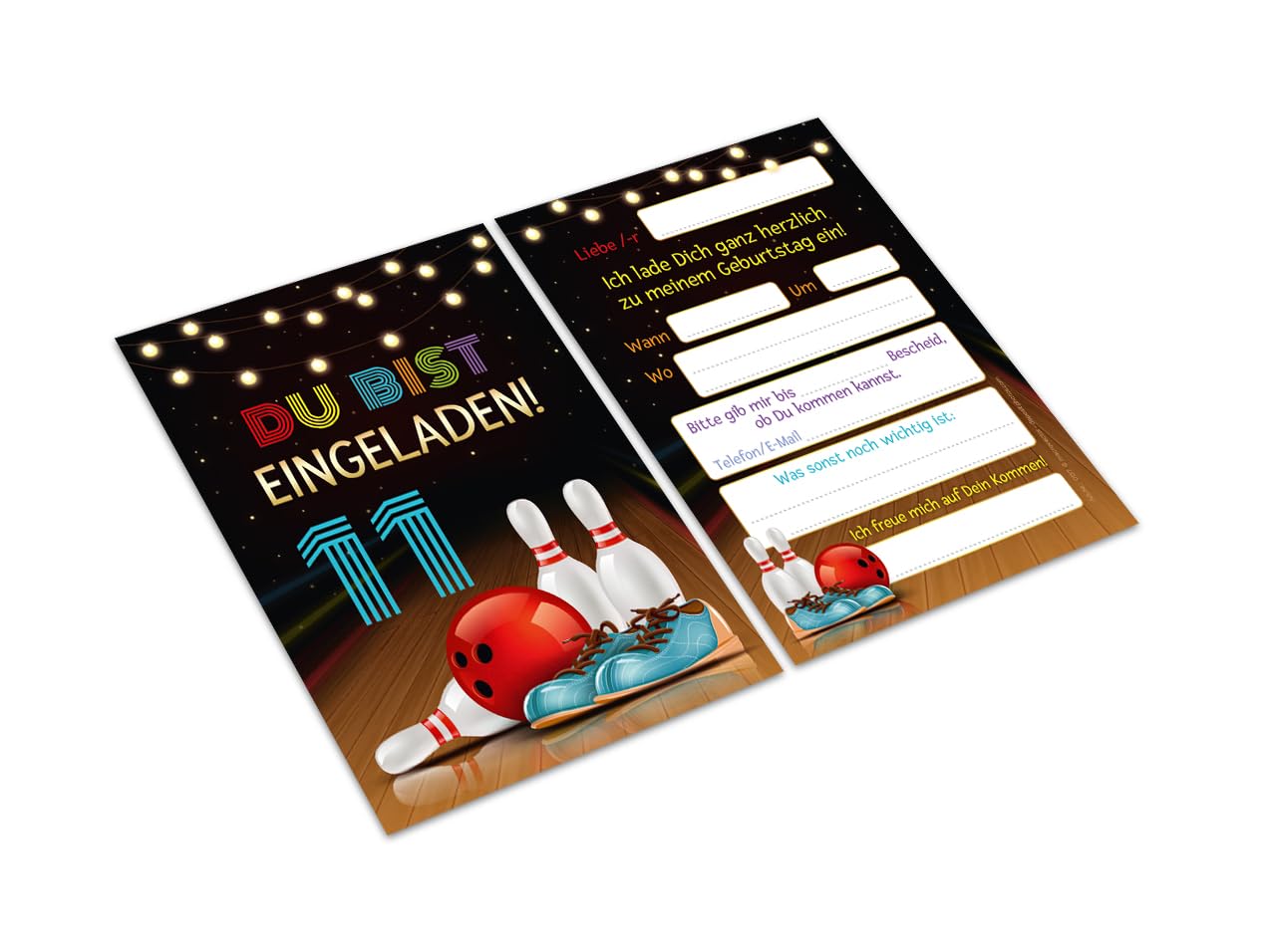 Minkocards 12 biglietti di invito, incl. 12 buste per il 11° compleanno dei bambini, bowling, bowling, feste di bowling, ragazze, inviti per undicesimo compleanno delle ragazze