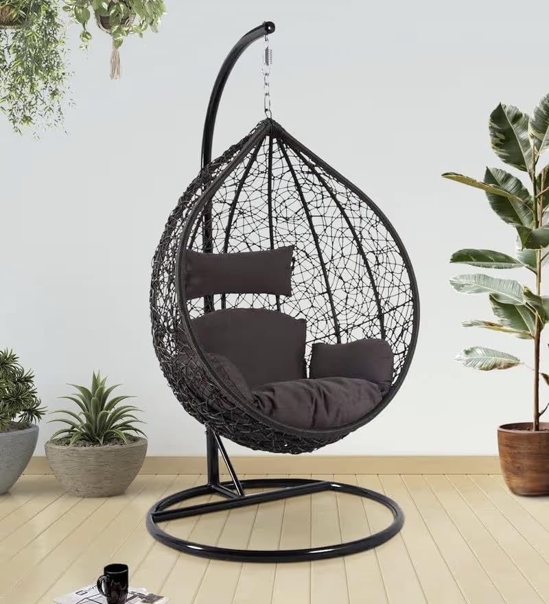 Image of Single Seater Swing Chair with Stand & Cushion Outdoor Indoor Balcony Garden Patio, Powder Coated Frame, UV-Protected Wicker, Premium Cushion, Swing Chair (Black-Brown)