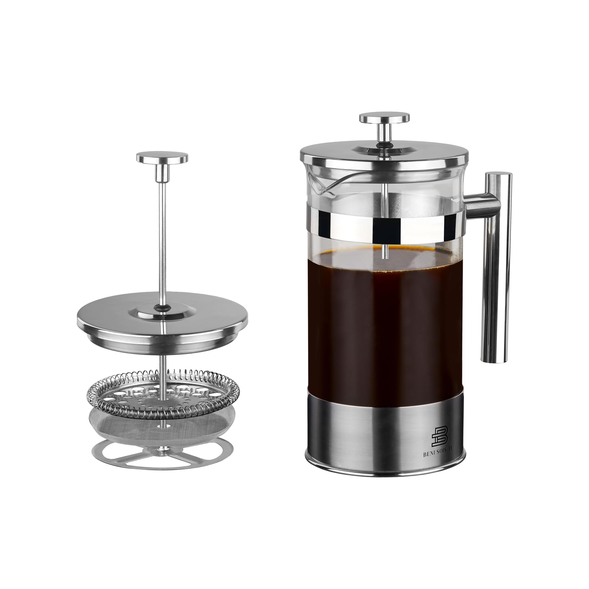 34 oz French Press Coffee Maker - Borosilicate Glass, Coffee Brewer, Stainless Steel Plunger, Tea Press for loose Tea, Heat Resistant, Silver