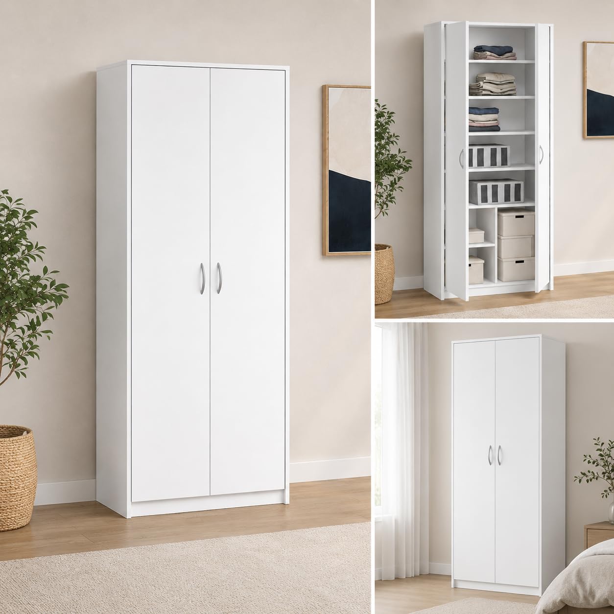 Armario Multiusos con 2 Puertas y 8 Compartimentos, 180 x 74 x 35 cm, Blanco