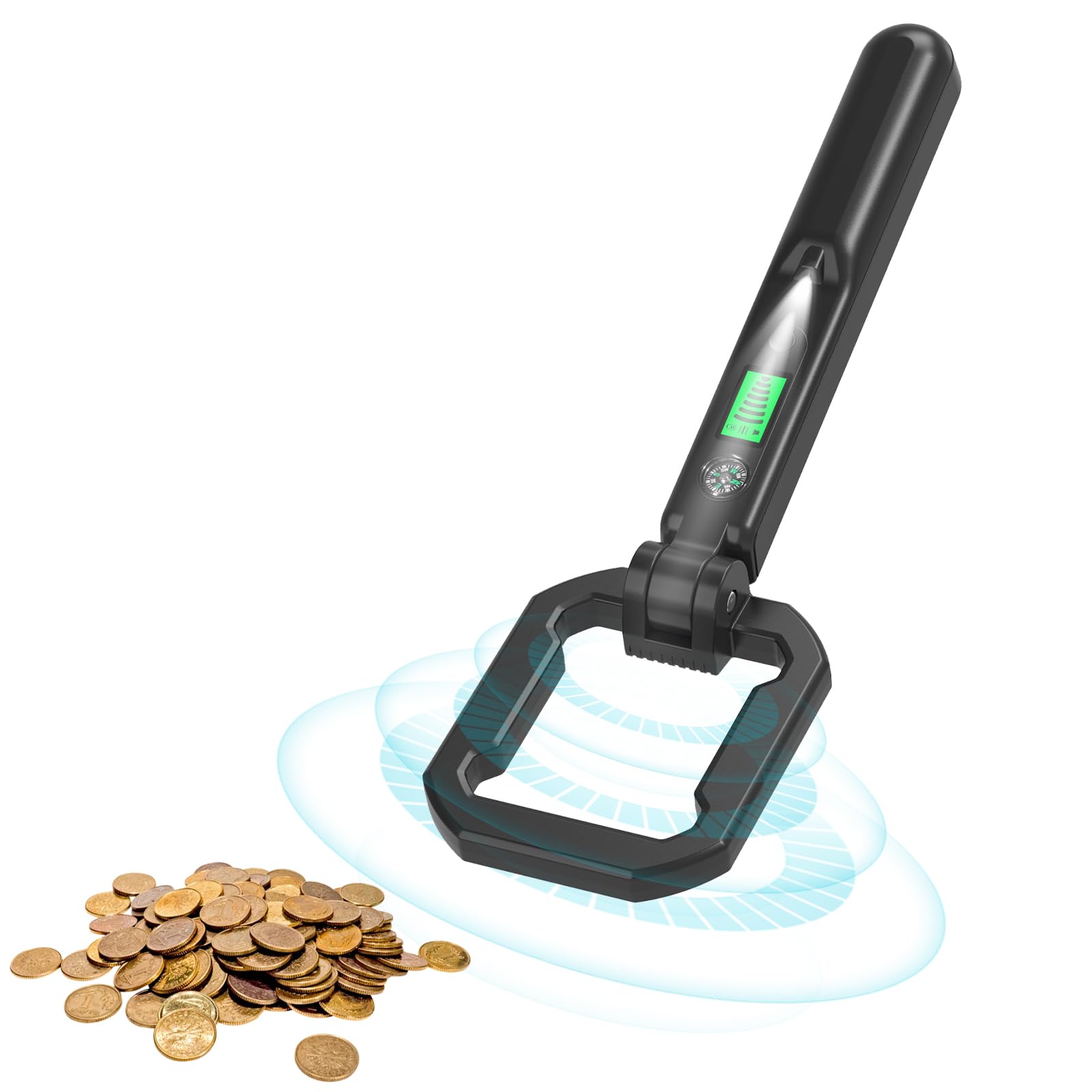 Detector de metales plegable de mano, resistente al agua IP66, para niños y adultos, ligero, portátil, herramienta de detección de 360° con pantalla LCD, brújula y luz LED, funciona con pilas de 9 V