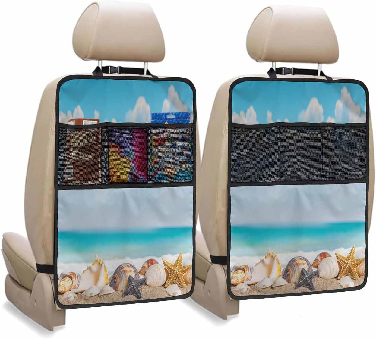 Car Seat Protector, 2 Pack Kick Mats Back Seat Protector Rustic Vintage Summer Seaside Beach Shell Starfish Cloud Blue Sky Waterproof Backseat Cover for Universal Fit Automotive Interior Protectors