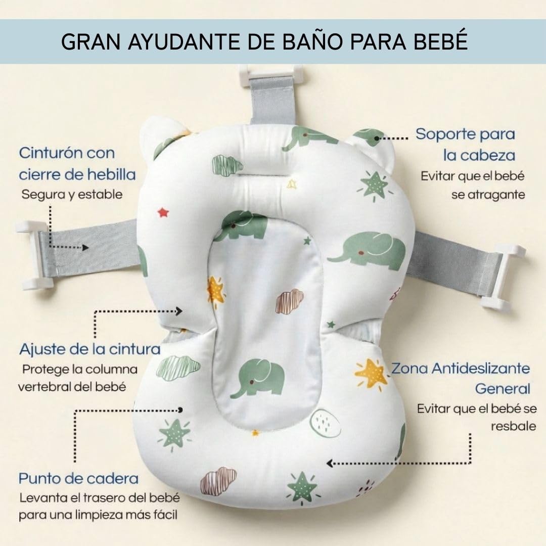 BATHBY | Cojín para Bañera de Bebé – Soporte Recién Nacido, Asiento Ergonómico, Ajustable y Portátil con Malla Antideslizante, Almohada Reductora, Hamaca de Ducha + Patito de Goma (Elefantes)