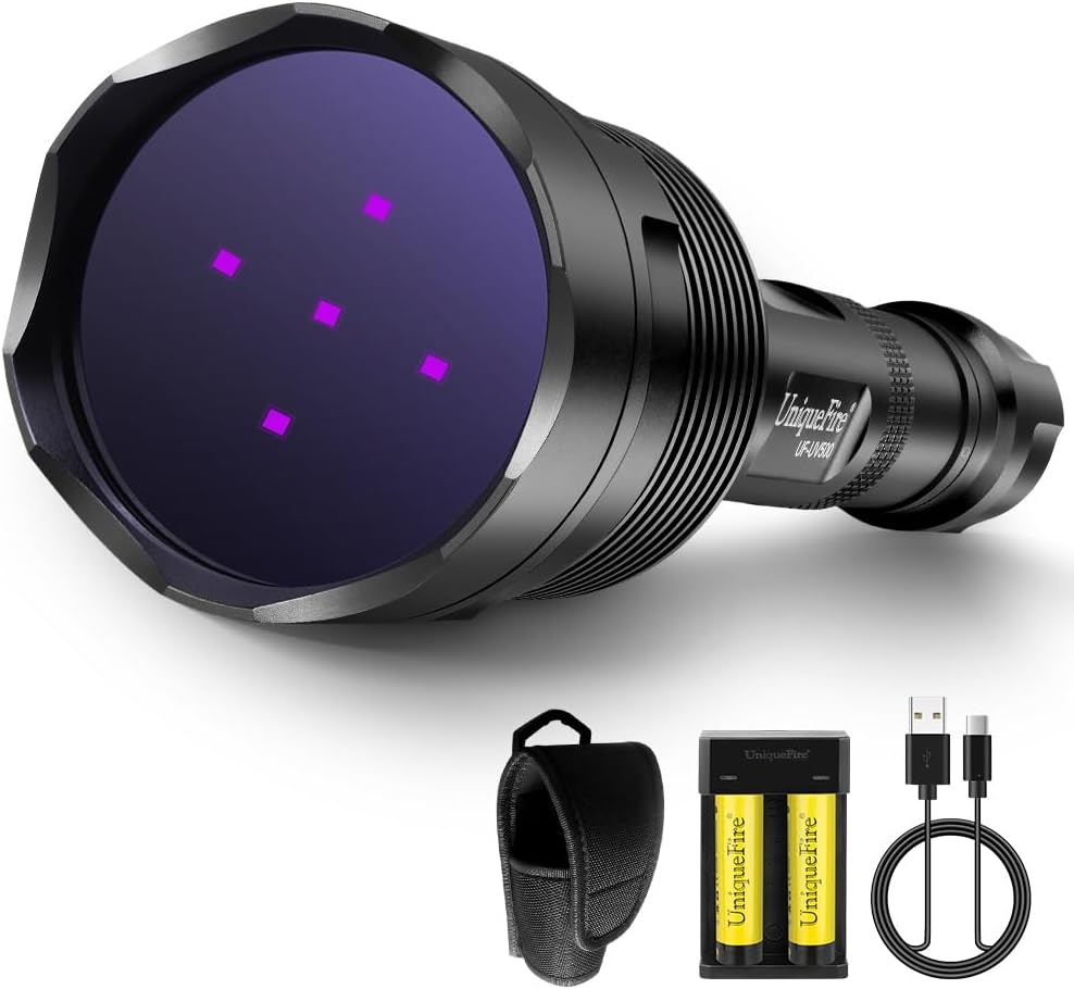 UniqueFire Black Light UV Flashlight with 5 LEDs Professional UV Light, 50W Powerful Blacklight Flashlight Rechargeable for Pet Urine Finding & Mineral, Antique Detection, Scorpion Search, etc (365nm)