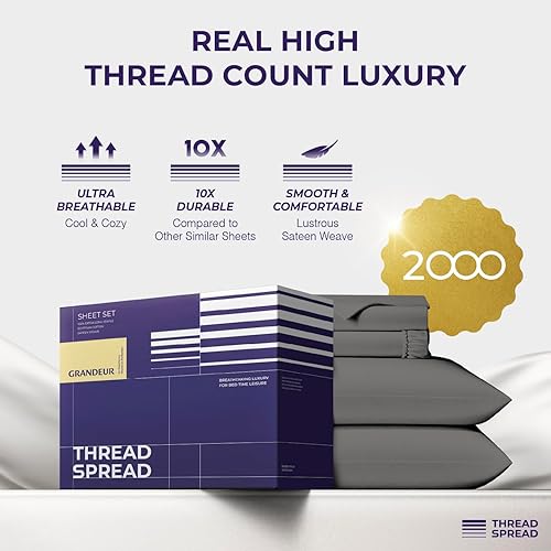 Miniatura 2 de THREAD SPREAD Juego de sábanas de lujo de la serie 2000 de 100 % algodón egipcio tamaño King (4 piezas, gris oscuro), suave y refrescante, tejido de