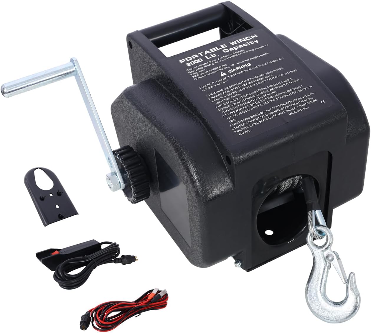 12v Trailer Winch, Reversible Electric Winch, for Boats up to 5000 lbs. Galvanized Wire Rope, with Extra Pulley Hook, Power in and Power Out, with Manual Function, Black