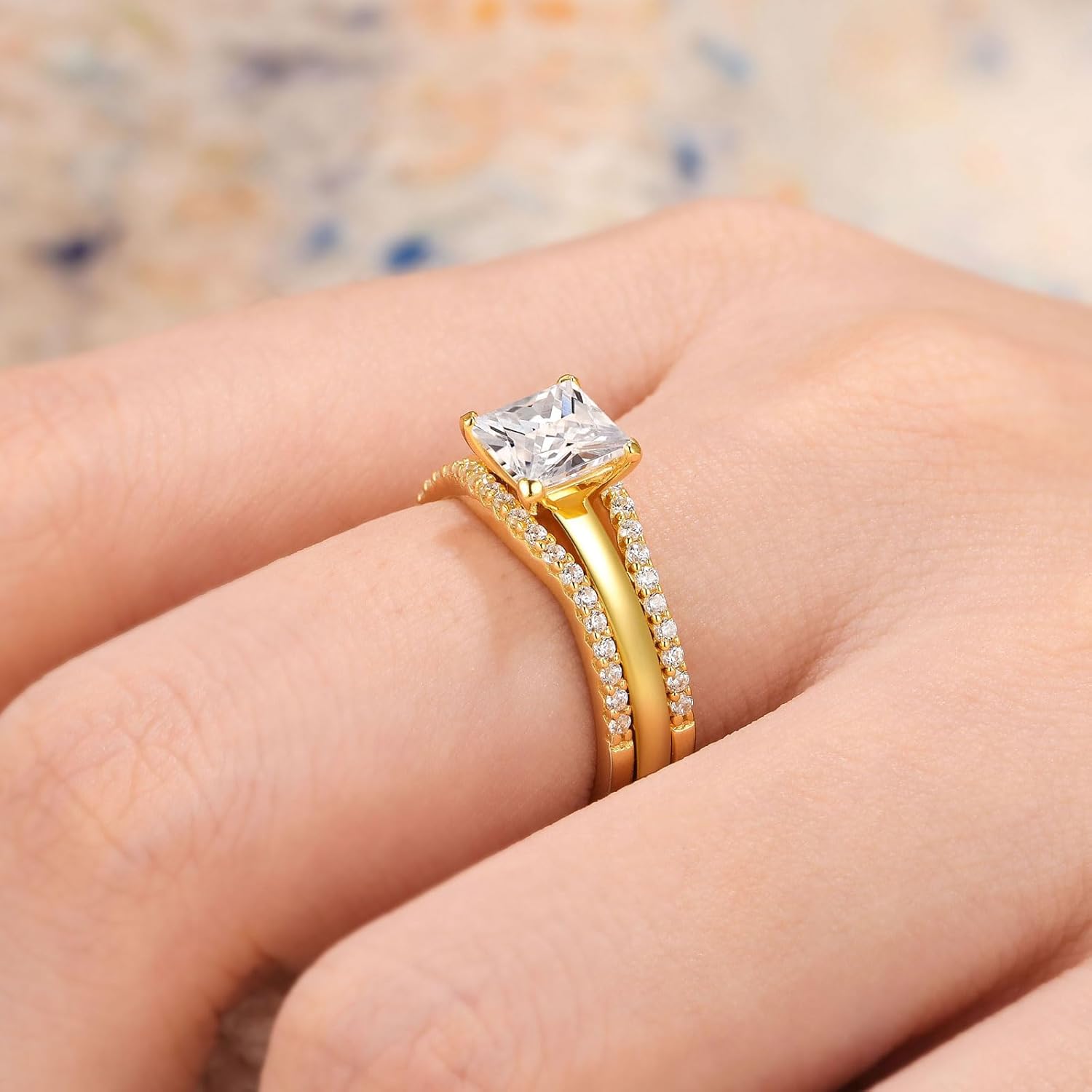 SHELOVES Solitaire Princess CZ Engagement Rings Set for Women Wedding Rings Enhancers band 925 Sterling Silver 4-13 - Image 5