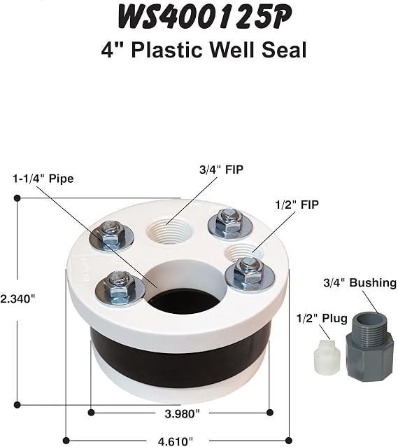 Merrill MFG 4 Well Seal Cap with Single Top Plate Single Drop 1-1/4 Water Well Seal for Submersible or Jet Pumps, Heavy-Duty Construction for 4 Inch Well Casing