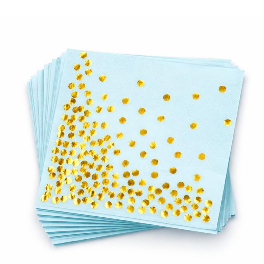 Wanna Party Light Blue Paper Napkins w/Golden Polka Dots | Disposable 2 Ply Paper Napkin | Paper Tissue For Party, Birthday, Wedding | Printed Paper Napkin - Pack Of 20 Light Blue Sheets-image-4