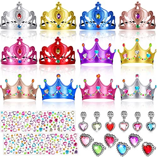 36 Pieces Foam Princess Tiaras and Crowns Set Princess Jewelry Toys DIY Crystal Diamond Sticker Princess King Crown Kids' Party Earring Ring Princess Dress up Birthday Party Favors for Kids Party