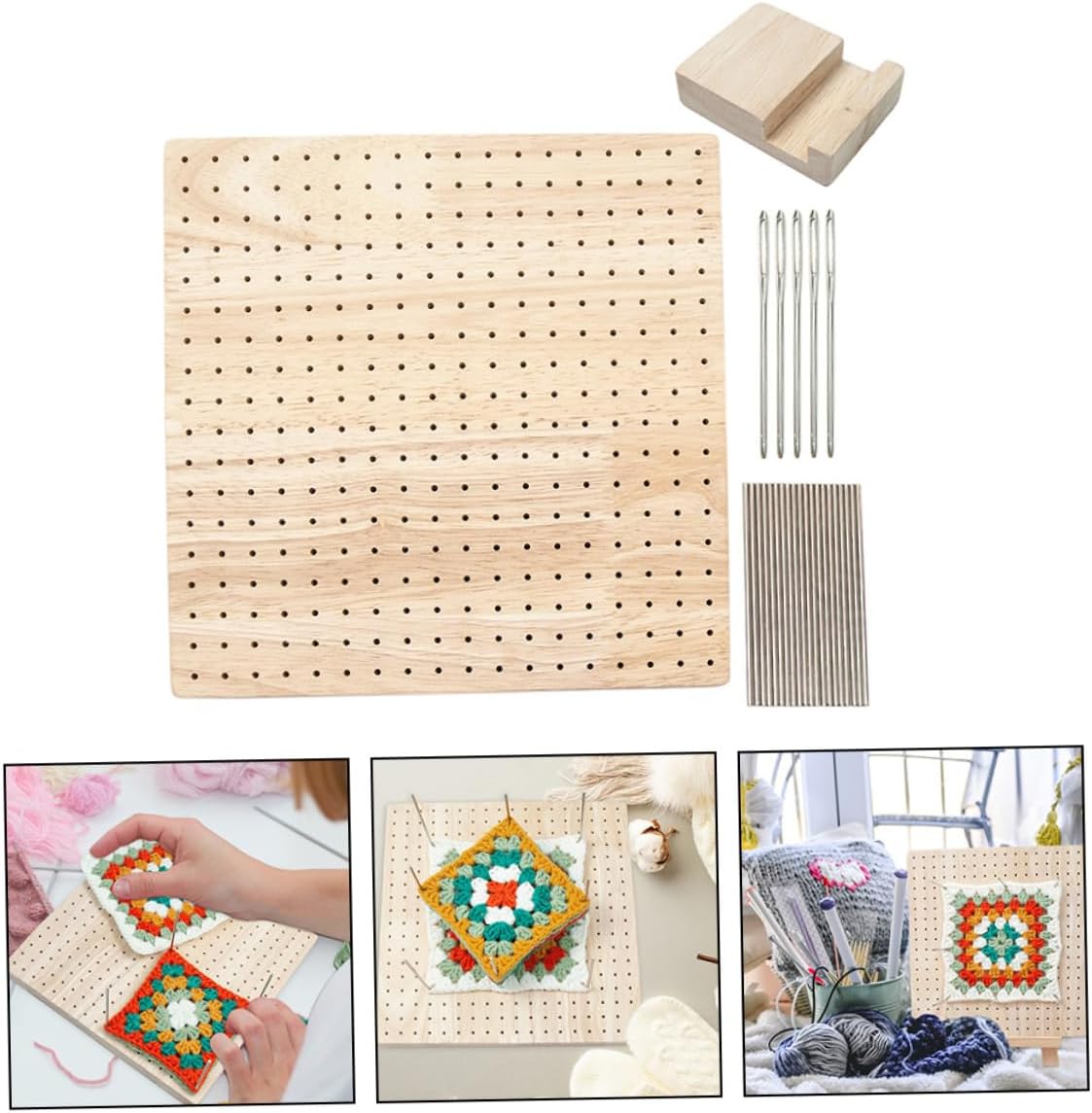 TEHAUX 1set Crochet Blocking Board Square Wooden Knitting Tools for Crocheting Projects Lightweight and Portable Handmade Blocking Board Positional Needles