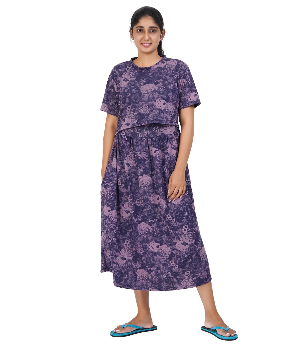 Floral Print Nursing Midi Dress, Purple and Mauve, Short Sleeves, Cotton-image-35