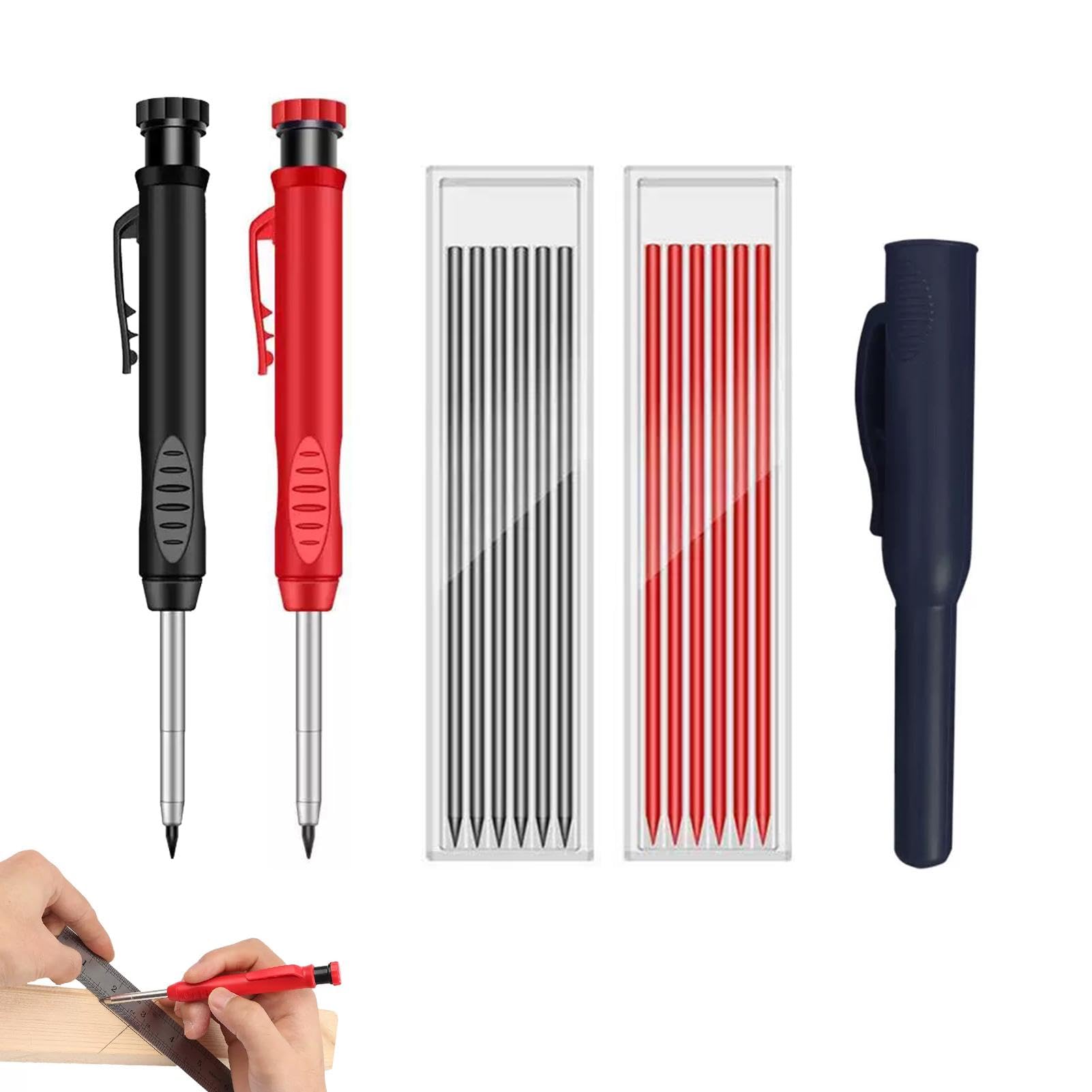 Ulmervion Carpenter Pencil Mechanical Pencil Set with 14 Refills, Built-In Sharpener, Long Head Deep Hole Marker Pencil with Cap, Deep Hole Marker for Construction Architect Woodworking