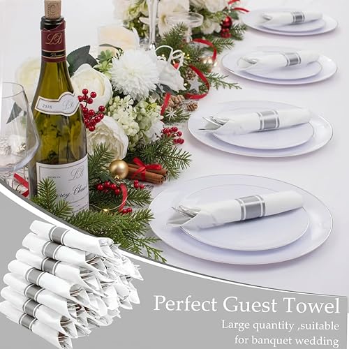 Miniatura 4 de Supernal Paquete de 120 cubiertos de plástico plateado, cubiertos de plástico enrollado, servilletas preenrolladas con juego de cubiertos, juego de