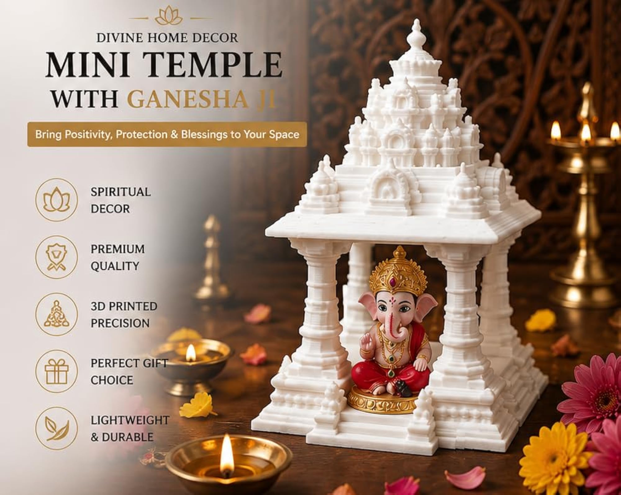 Mini Temple with Krishna Ji Idol, White, 3D Printed