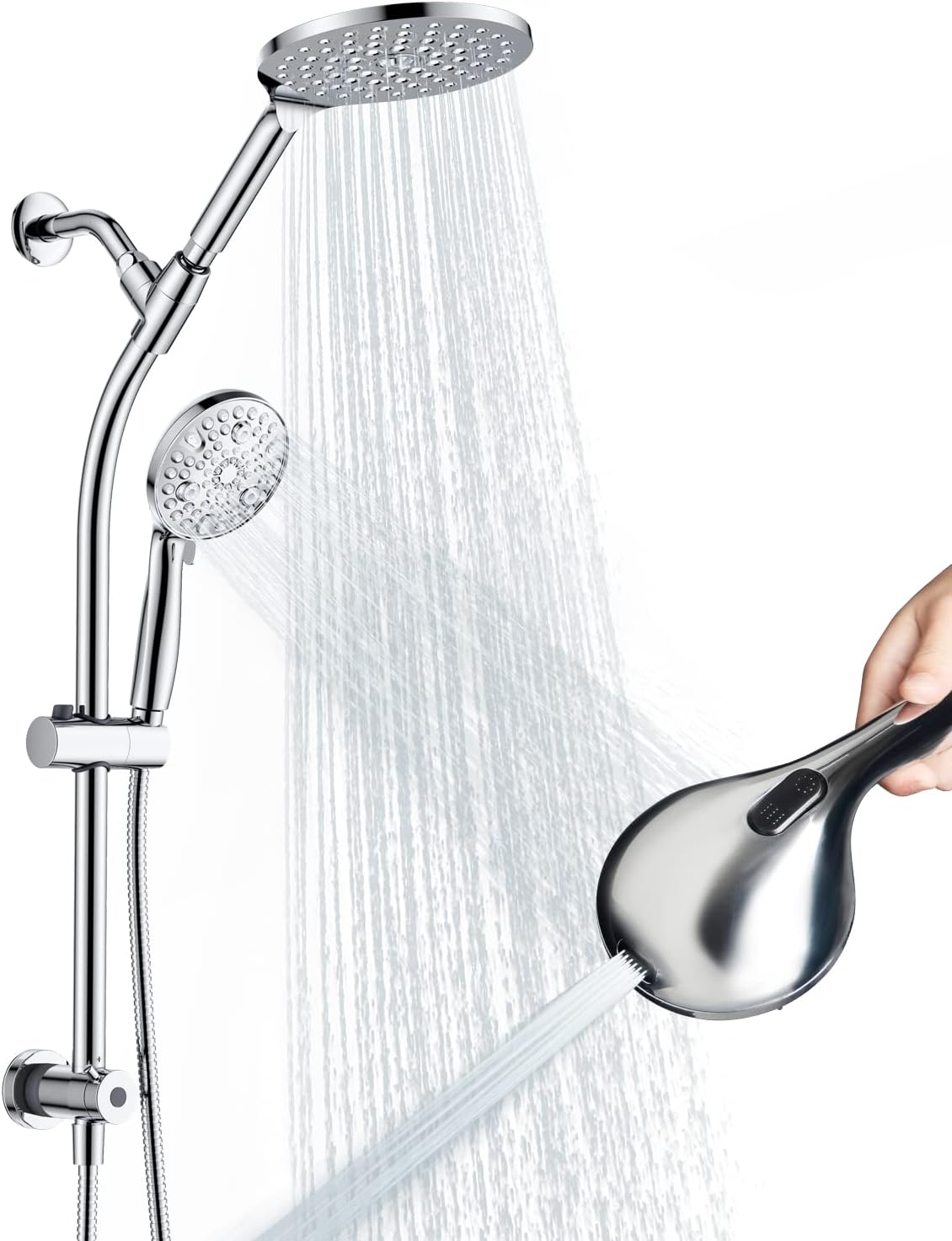OUGOO Retrofit 2Way Shower Head Combo, 8Function Rainfall Shower Head