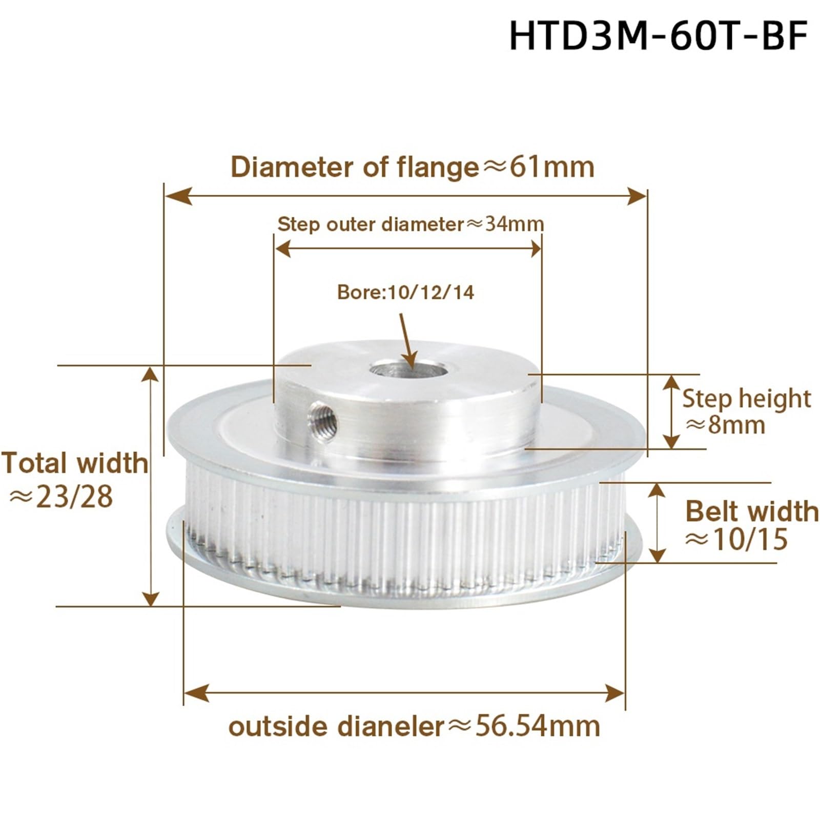 Polea de distribución HTD3M-60T AF BF Forma Diámetro interior 8/10/12/14/15/16/18/20 mm Aluminio Rueda de polea síncrona Ancho de ranura 10/15 mm Paso 3 mm(AF-Bore 14mm,For Belt width 10mm)