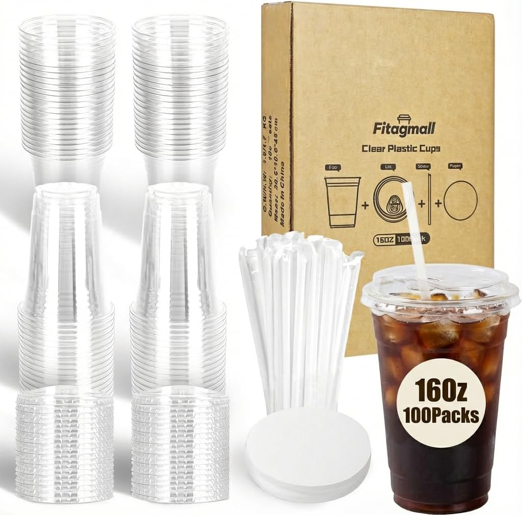 100 Packs 16oz Clear Plastic Cups with Lids, Straws, and Leak-Proof Paper - Complete To-Go Disposable Cup Kit for Iced Coffee, Smoothies,Cold Drinks & Boba Tea