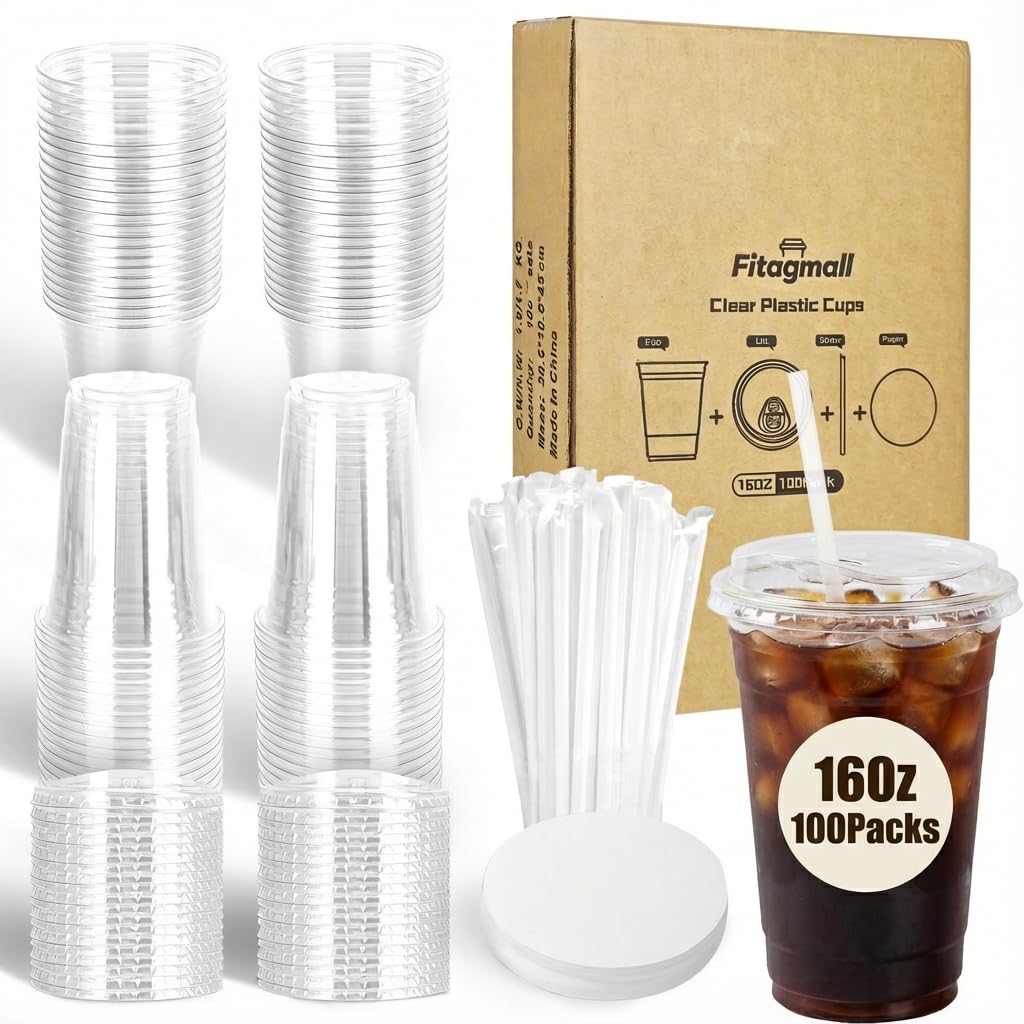 FITAGMALL 100 Packs 16oz Clear Plastic Cups with Lids, Straws, and Leak-Proof Paper - Complete To-Go Disposable Cup Kit for Iced Coffee, Smoothies,