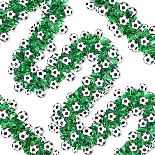 Image of 50Ft Soccer Tinsel Garlands, Green Glitter Tinsel Garland with 3D Soccer Cutouts, Metallic Holiday Hanging Streamers for Game Day Party Sports Bar Indoor Outdoor Party Decor