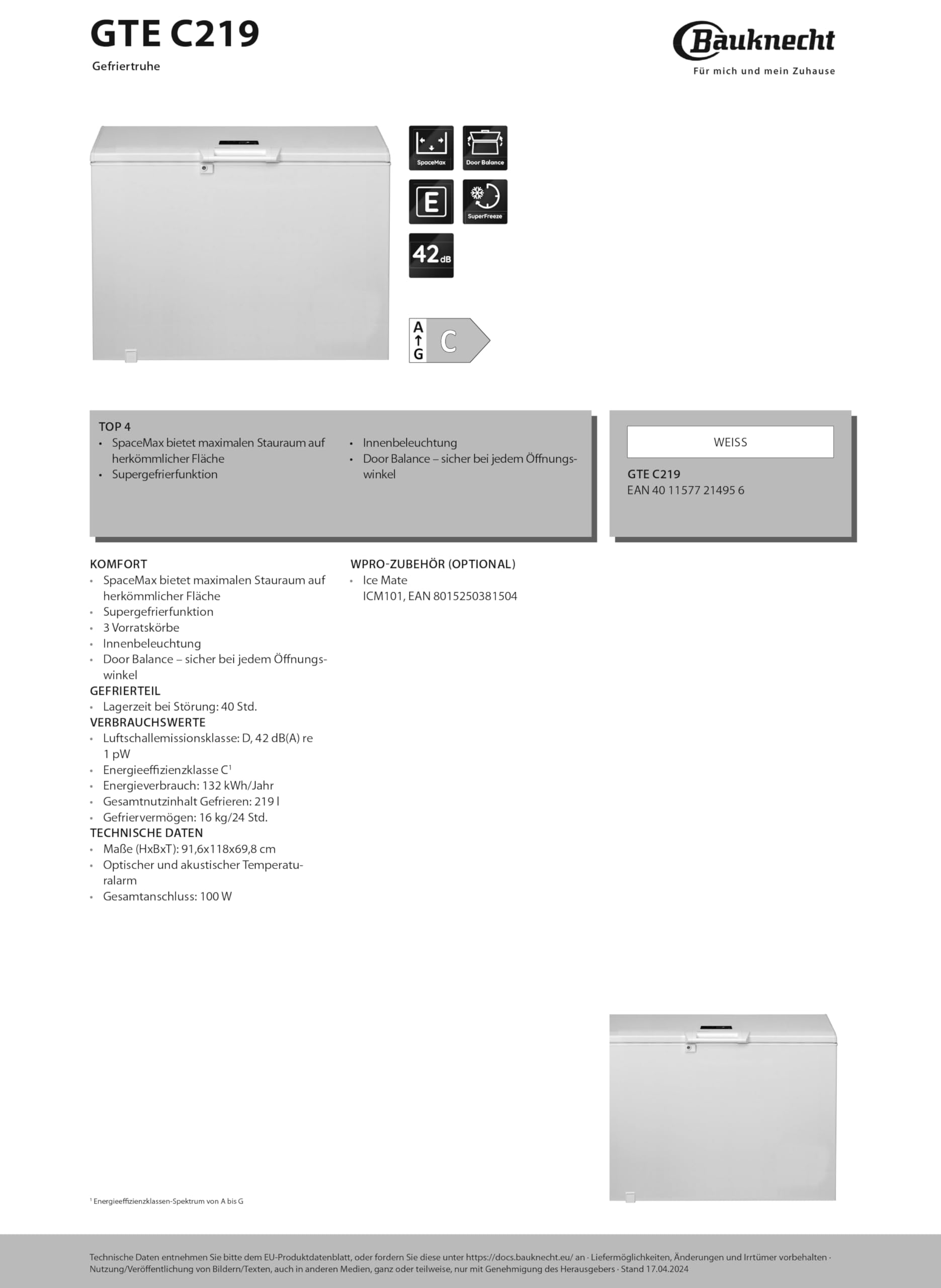 Bauknecht GTE C219 Freistehende Gefriertruhe 118 cm/Energieeffizienzklasse C/Gesamtnutzinhalt 219 l/SpaceMax/Supergefrierfunktion/ 3 Vorratskörbe/Innenbeleuchtung/Door Balance