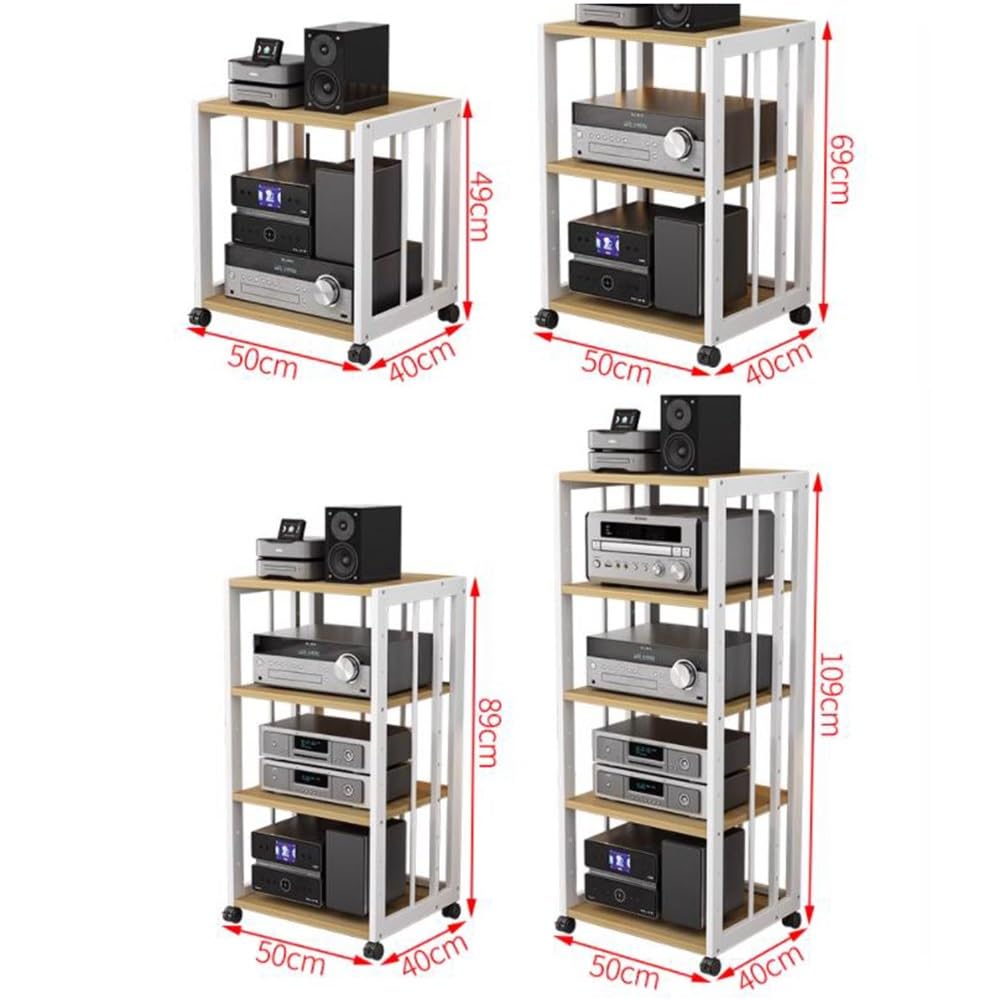 Meuble de rangement HiFi avec roulettes verrouillables pour tourne-disque et console de jeu, 2 niveaux noir et teck pour matériel audio et rangement de vinyle