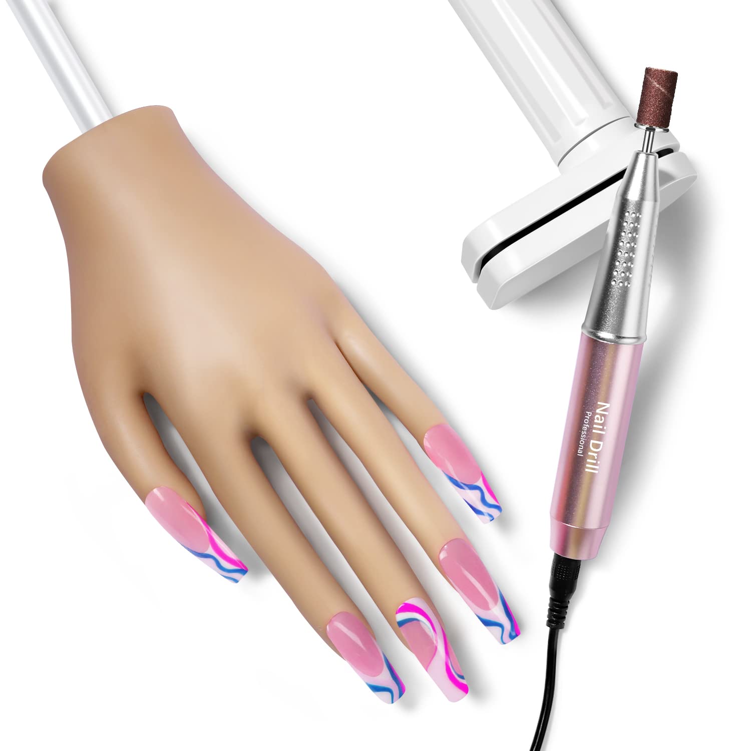 Practice Hand for Acrylic Nails - Ejiubas Electric Nail Drill with Nail Hand Practice, Upgraded Trapezoidal Nail Tips Slot, Built-in Aluminum Frame Finger, Flexible Bendable Fakes Hand for Manicure