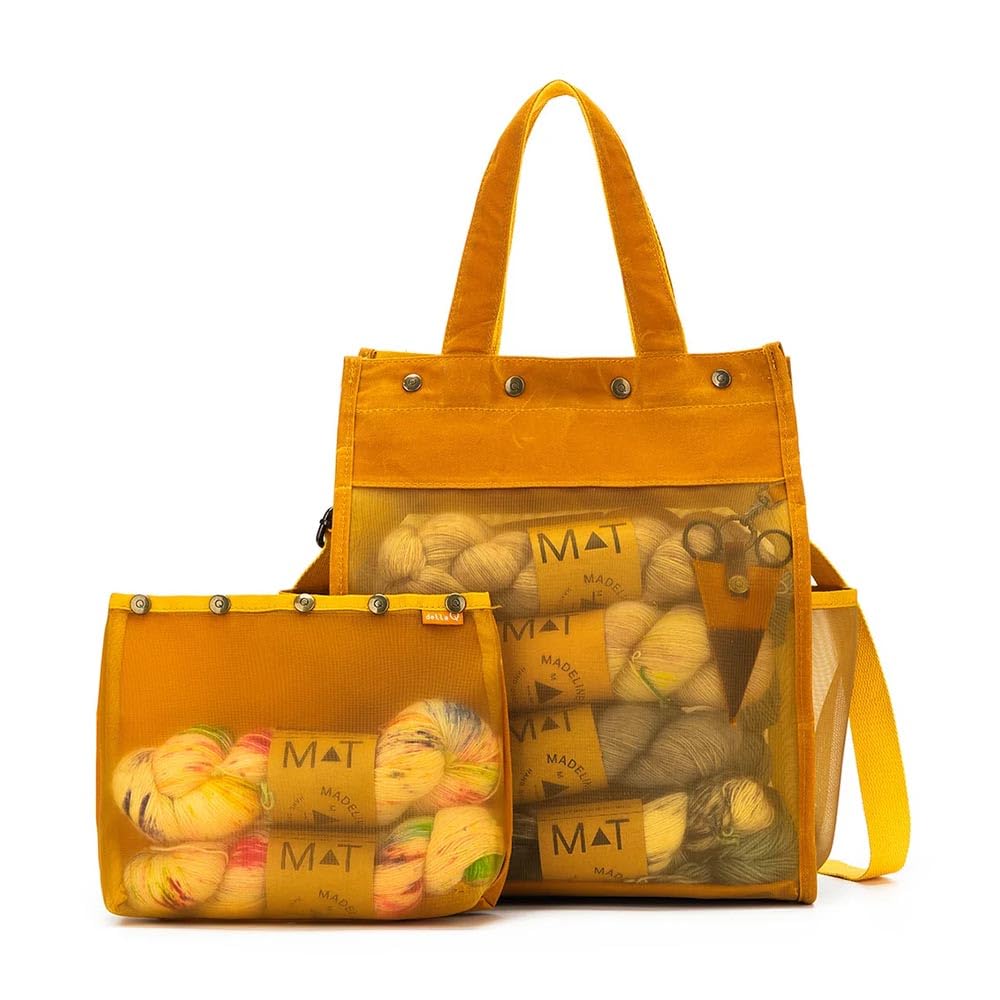 Della Q Makers Tall Mesh Tote Handbag-Adjustable Shoulder Strap, for All Yarn and Projects, Canvas, Mustard, 35cm x 27cm x 15cm