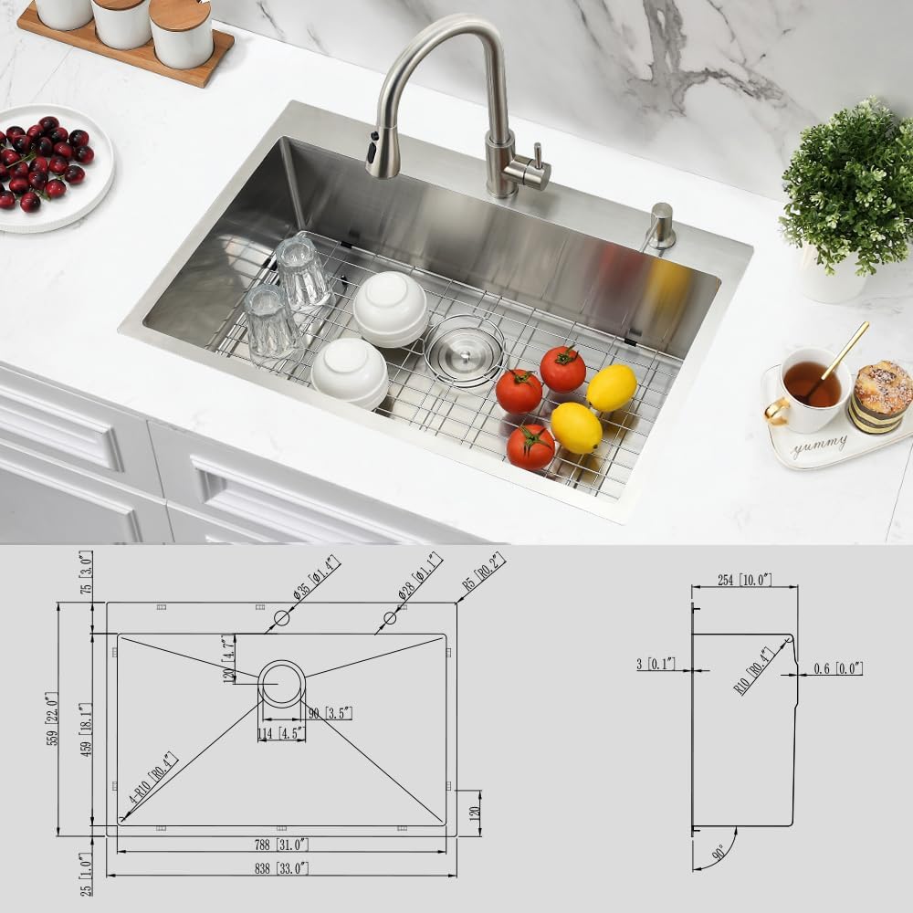 33x22 Drop In Kitchen Sink with Faucet, Top Mount Stainless Steel Kitchen Sink 33 Inch Drop In Sink 18 Gauge Handmade Single Bowl Deep Basin