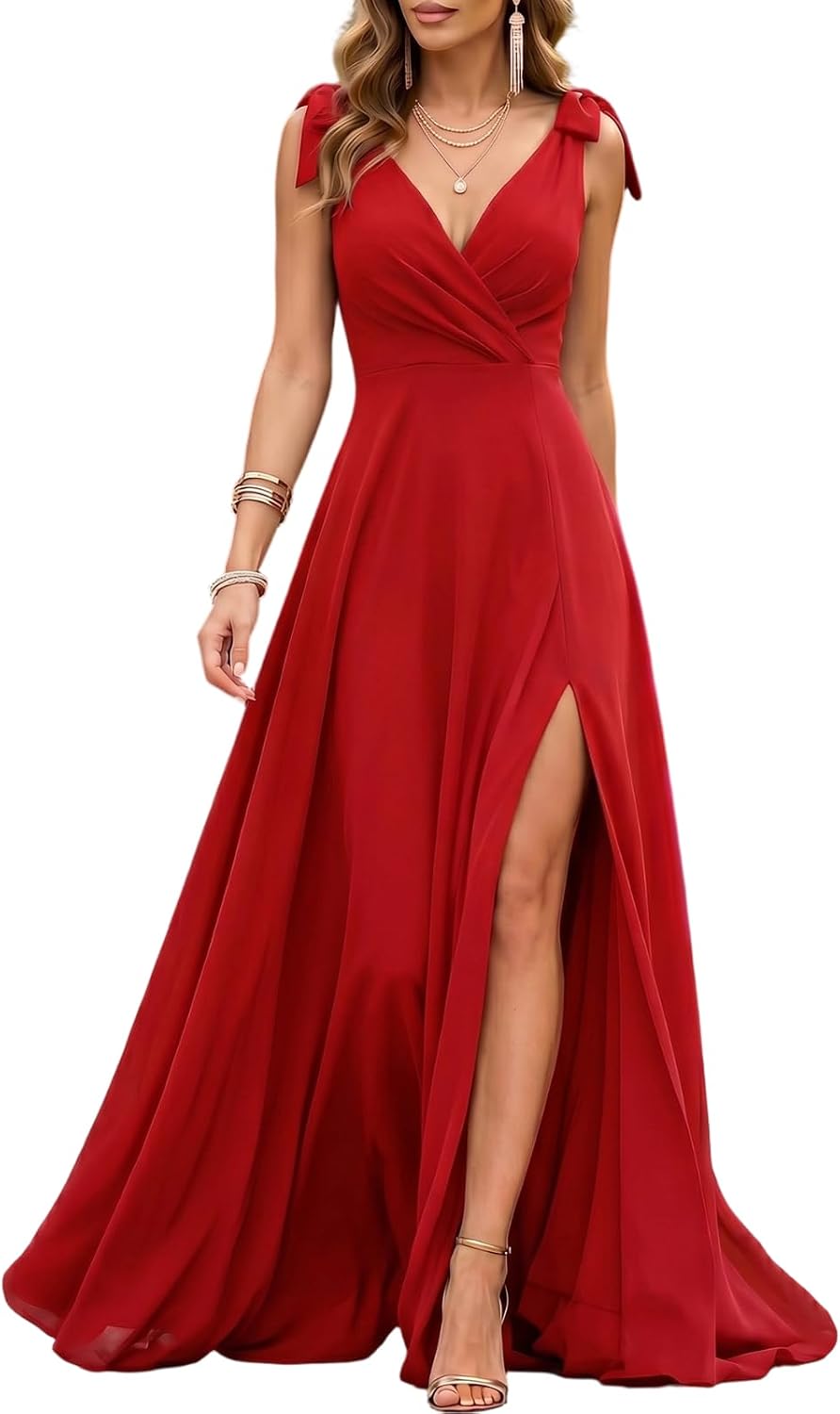 Sleeveless V Neck Solid Maxi Evening Dress Women Bow Tie High Split Slit Elegant Wedding Guest Formal Gown image 4