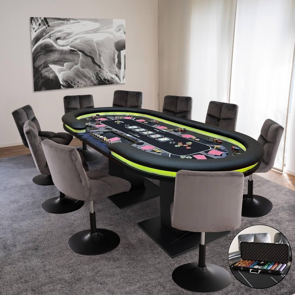 Home Deluxe Pokertisch Flush mit LED Beleuchtung und Getränkehalter für bis zu 9 Personen