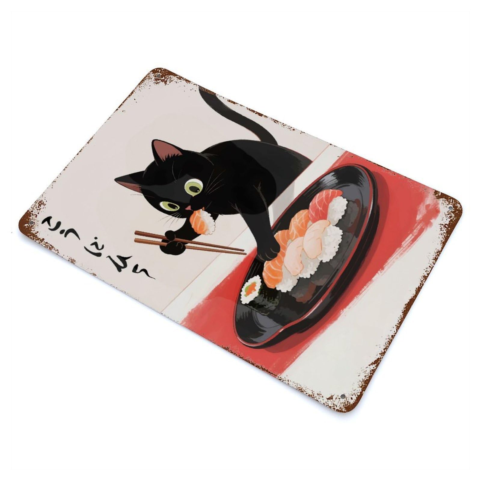 Black Cat Sushi Decorative Tin Sign 11.8"x7.9", for Bistro, Counter And Cafe Decor, Retro Wall Decor