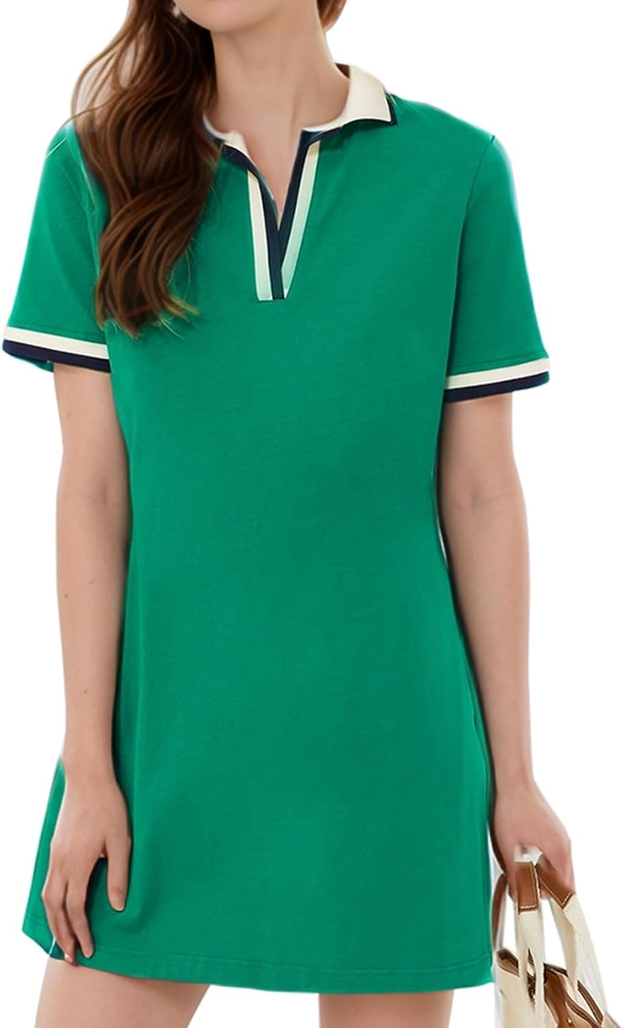 Short sleeve polo dress for women with V-neck and pocket.