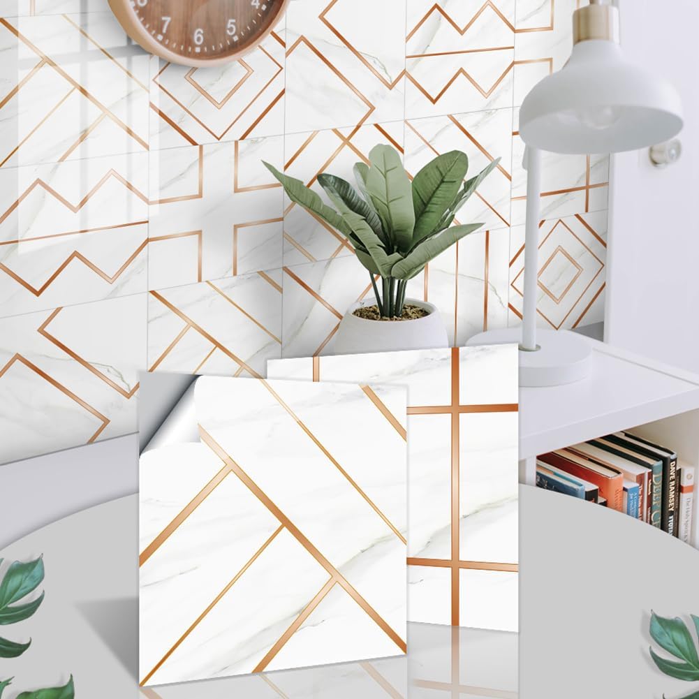 Thick Tile Sticker Peel and Stick, Stick On Backsplash Tiles for Kitchen Wall Tile Stickers Wallpaper Bathroom Decals Self Adhesive Vinyl, Papel Tapiz para Cocina, Copper White Light Luxury
