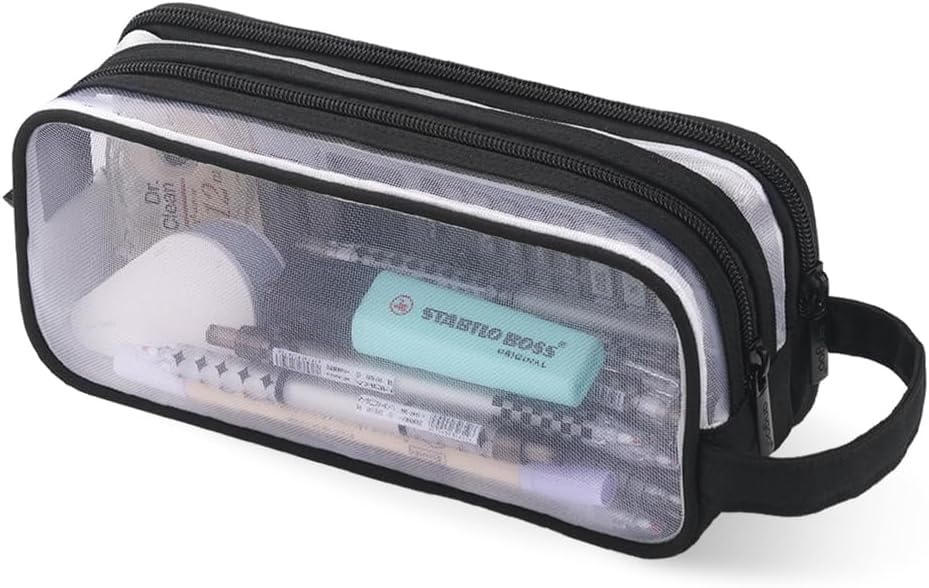 GINGER TECH Pencil Case Clear Mesh Pencil Pouch, Large Capacity Pencil Bag for Exam 2 Compartment Pen Bag