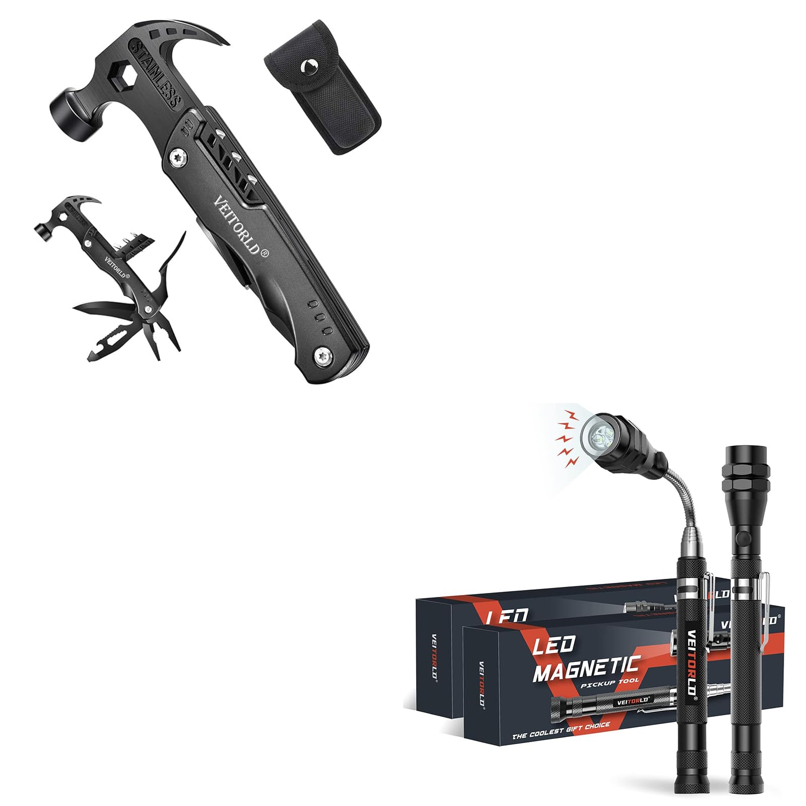 Veitorld2 Pack LED Telescoping Magnetic Pickup Tools, Survival Tools Hammer Multitool,Mens Stocking Stuffers for Adults, Mens Gifts for Christmas, Dad Gifts for Men Who Have Everything