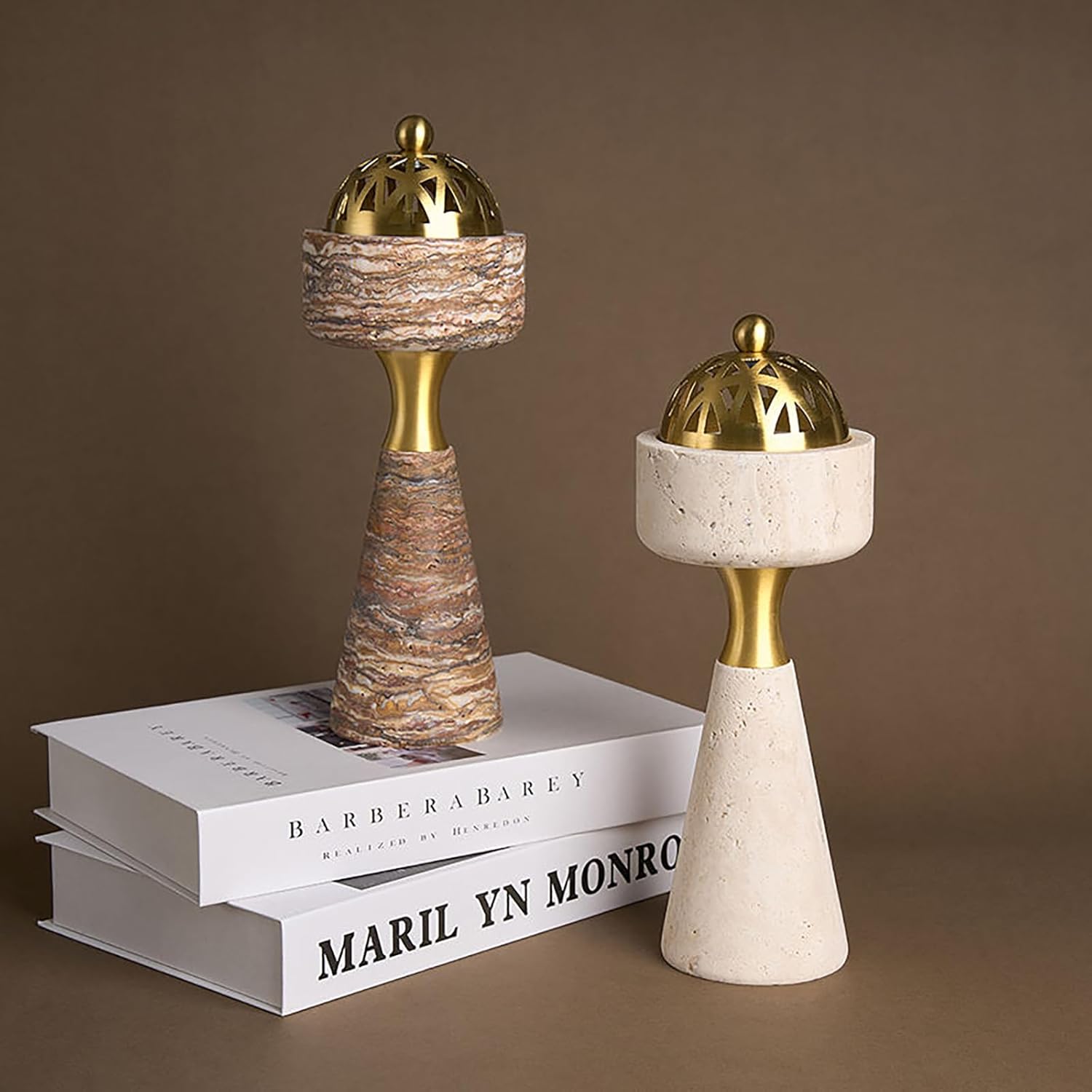 Sissi & yaya Marble Incense Burner with Brass Cover, 11 x 3.8 inches, Multi-Purpose Holder for Cones, Coils and Sticks (White)