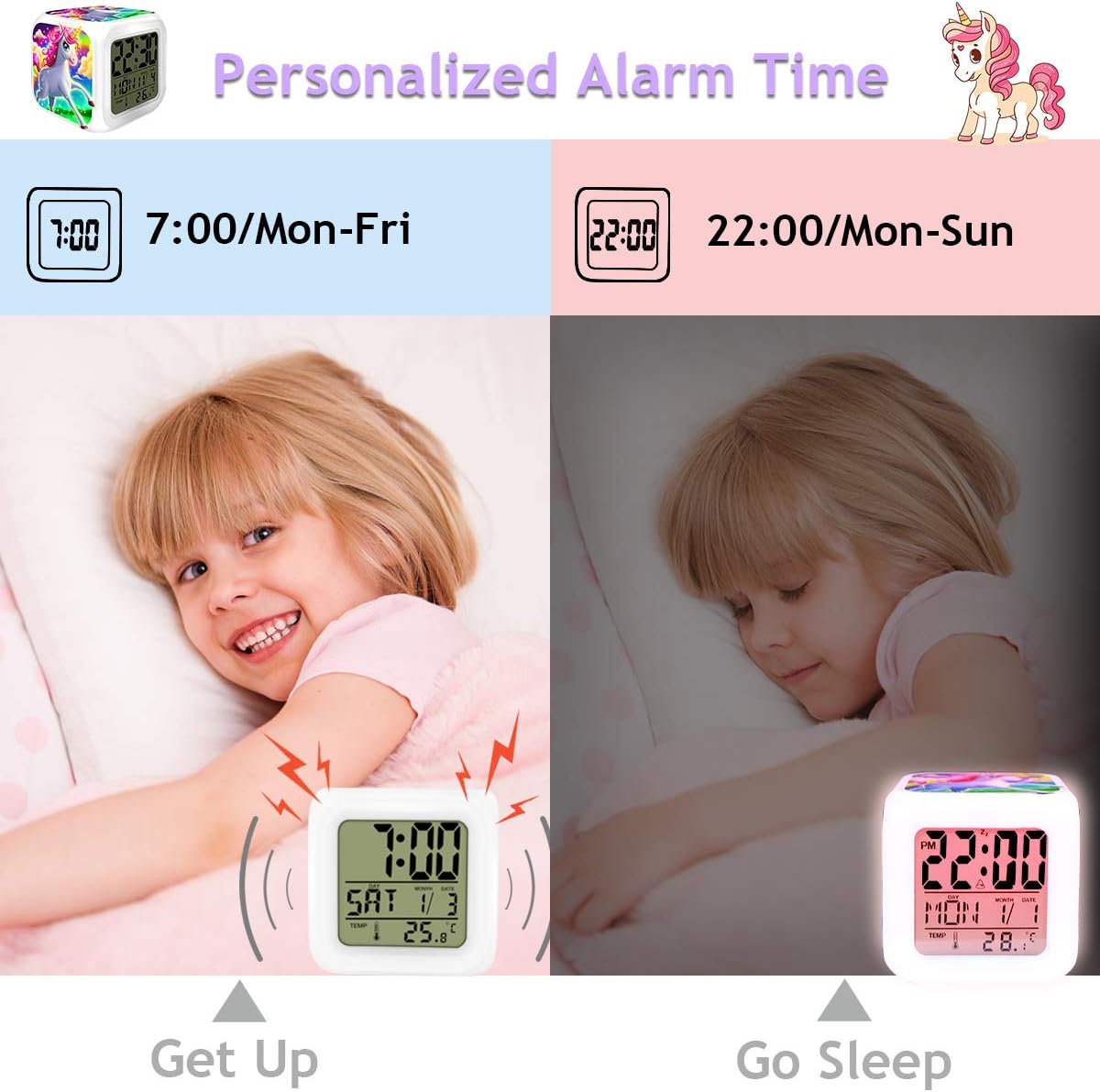 TCJJ Alarm Clock for Kids, Digital Alarm Clocks, LED Night Glowing Cube LCD Clock with Light Children Wake Up Bedside Clock Birthday for Kids Boys Girls Adult Bedroom (Rainbow Unicorn)