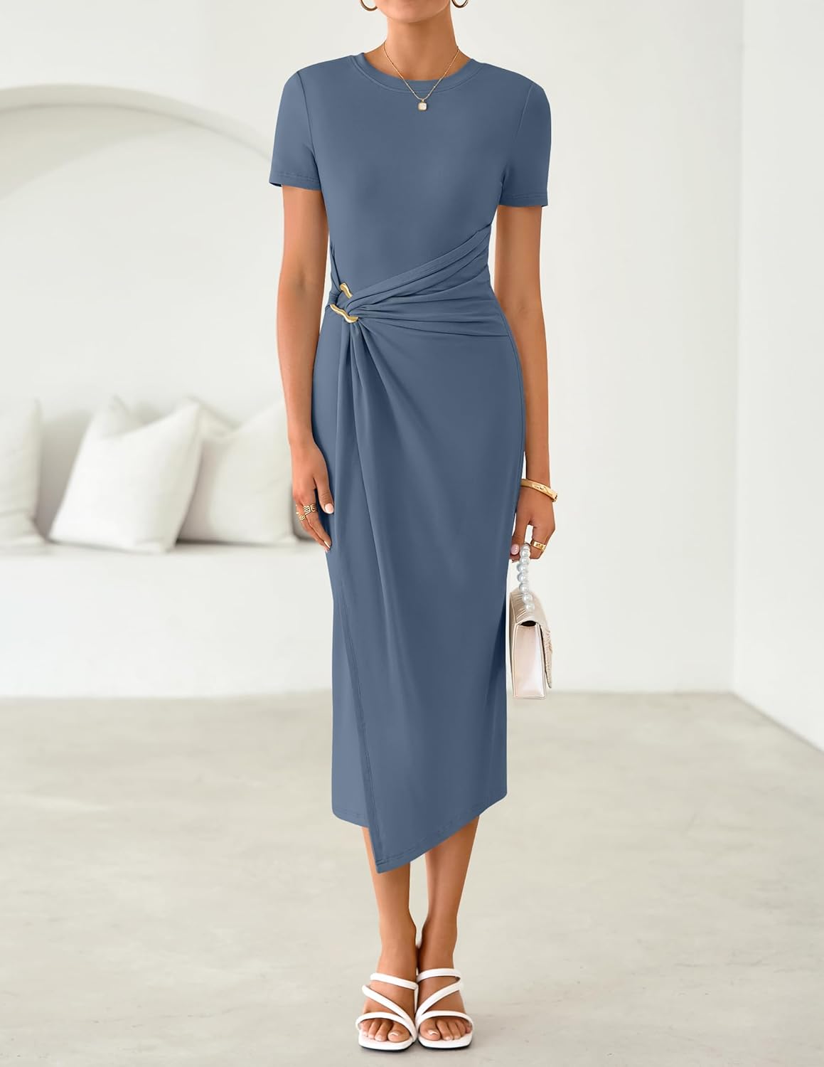 ZESICA Women's 2026 Summer Short Sleeve Bodycon Midi Dress Crewneck Ruched Split Wedding Guest Cocktail Wrap Dresses - Image 4