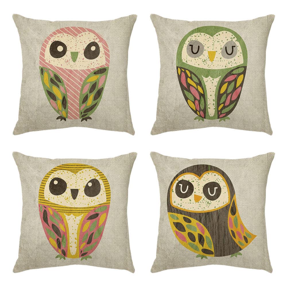 4 Piezas Funda de Almohada 65x65cm Búho De Dibujos Animados Fundas de Cojín Terciopelo Sencillo y Decorativo para Sofá Camas Dormitorio Coche Lino Cojines Throw Pillow Covers （26x26in）