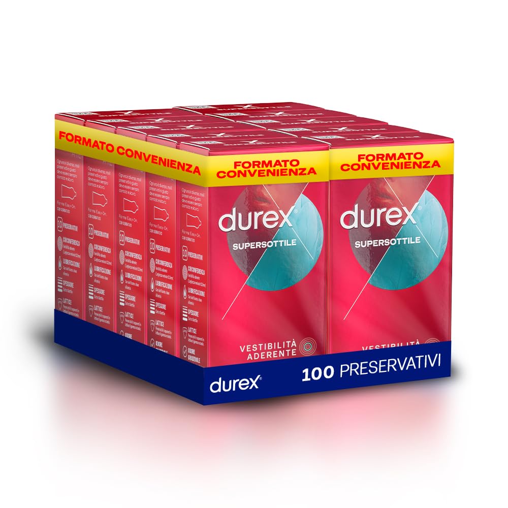Durex SuperSottile, Preservativi Ultra Sottili Vestibilità Aderente, 100 Preservativi, 10 confezioni da 10 Profilattici