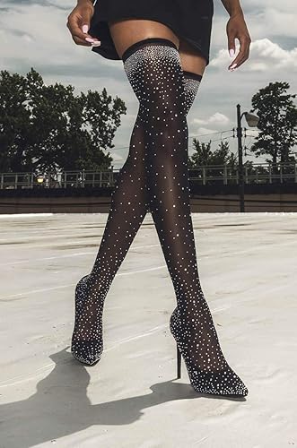 Miniatura 2 de Calcetines de malla elástica fina para mujer con brillantes glamour, botas de tacón alto con diamantes de imitación