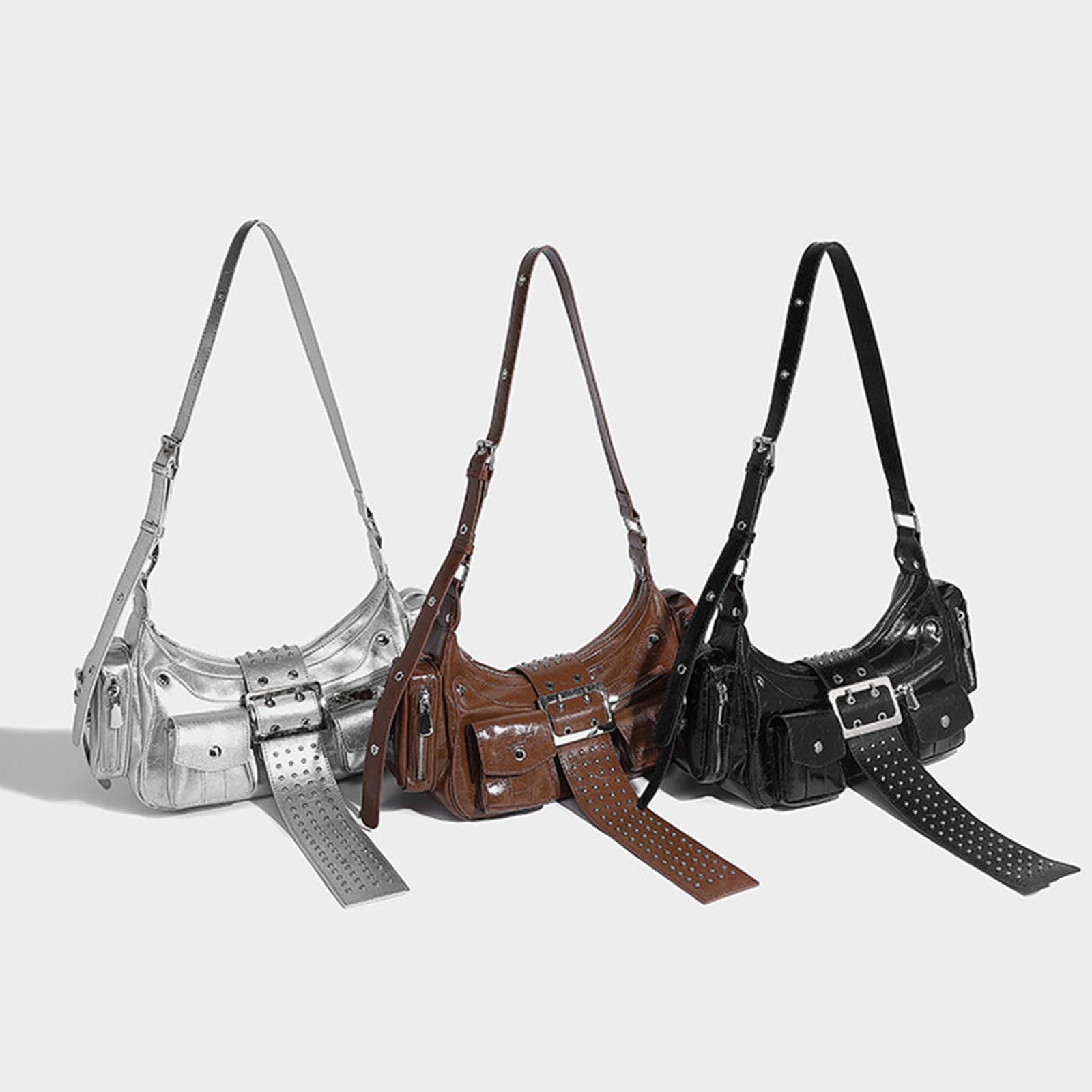 Bolso de hombro de piel sintética para motocicleta, con remaches punk, bolso cruzado con correa ajustable, bolso de mano de piel sintética